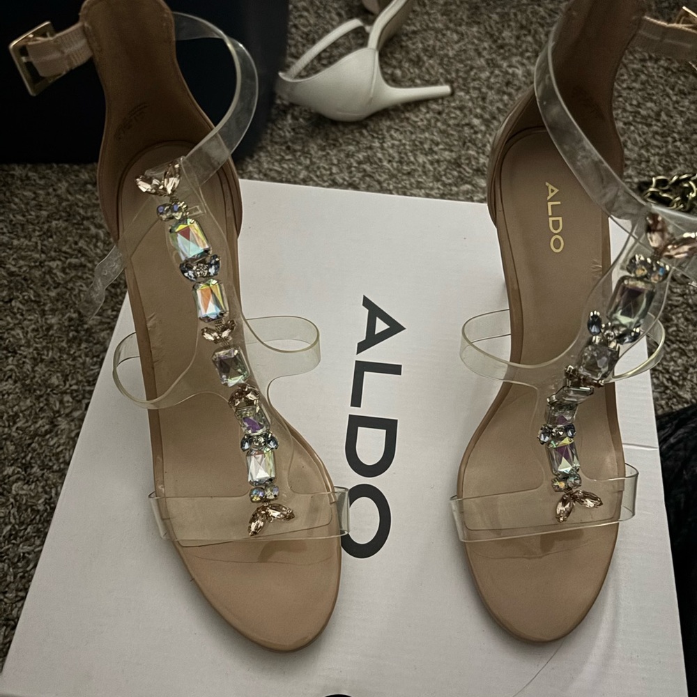 ALDO Clear Jeweled T-Strap Heels with Nude Footbed